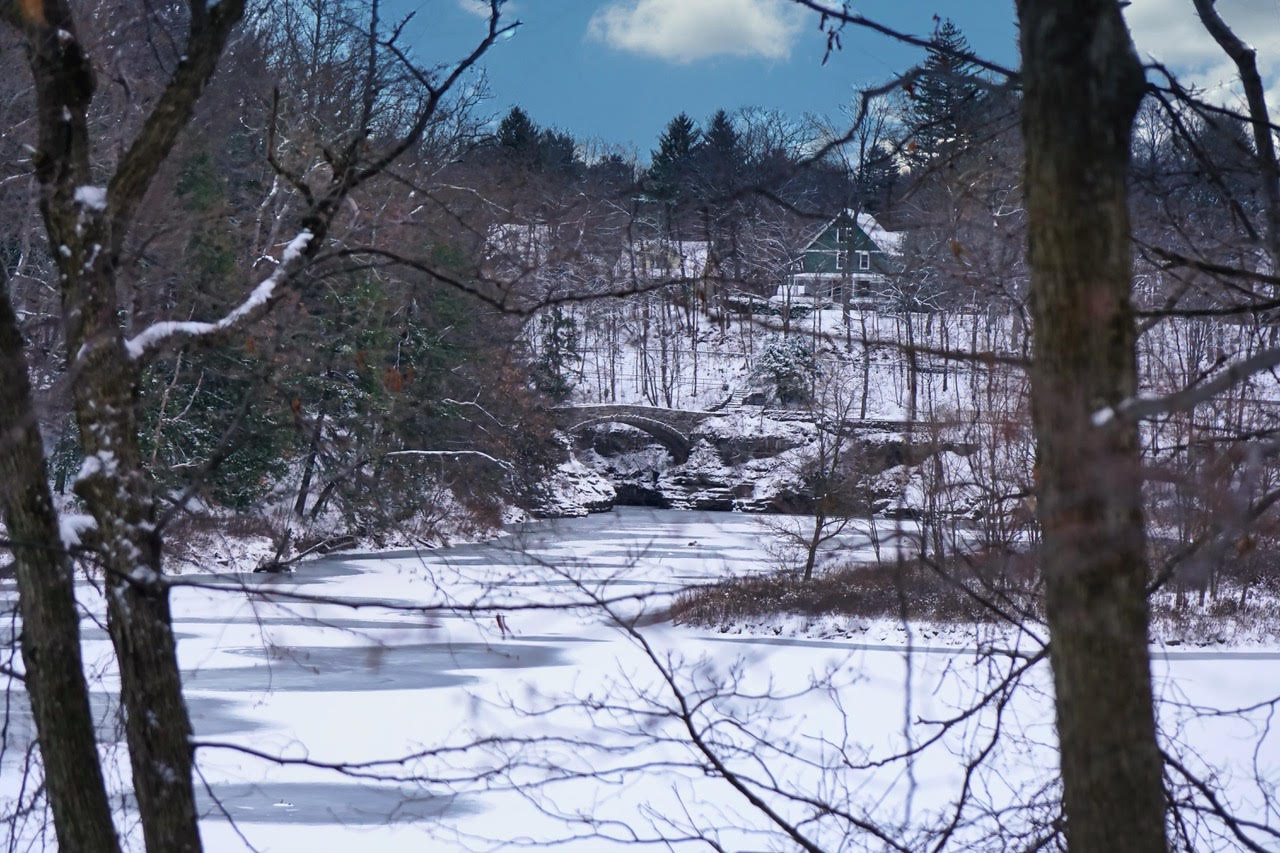 Stone bridge visible through trees across snow-covered frozen lake.